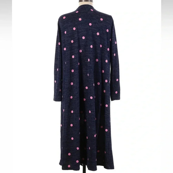 LuLaRoe Sarah Cardigan Sweater Duster Blue Pink Polka Dot Pockets Size Medium M - Picture 2 of 6